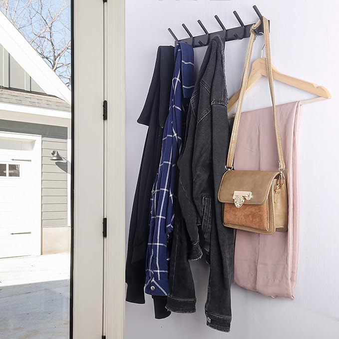 WEBI Coat Rack Wall Mounted,17-1/8 Inch Coat Hooks for Hanging Coats,Heavy Duty Metal Hook Rack Rail with 6 Double Dual Hooks Coat Hanger Wall Mount for Clothes Jacket,Black,2 Packs
