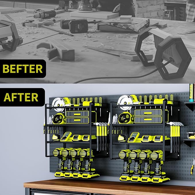Power Tool Organizer,4 Layer Drill Holders Wall Mount,Heavy Duty Metal Organizers and Storage Rack for Garage Organization,Tools Shelves with Screwdriver Plier/Hammer Holder, Black