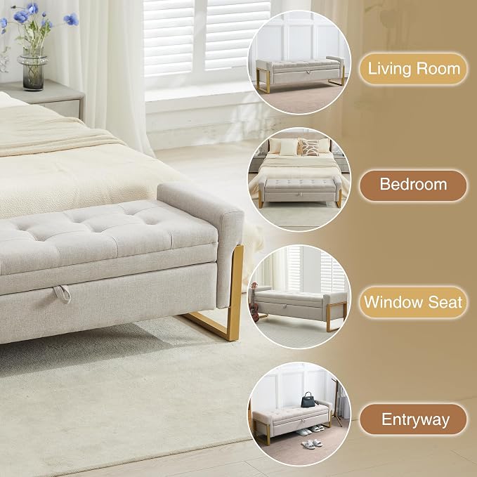 adochr 57" Storage Ottoman Bench, Upholstered End of Bed Bench, Beige | Metal Legs & Button-Tufted, Linen Ottoman with Storage 500 lb Capacity for Living Room, Bedroom, Entryway