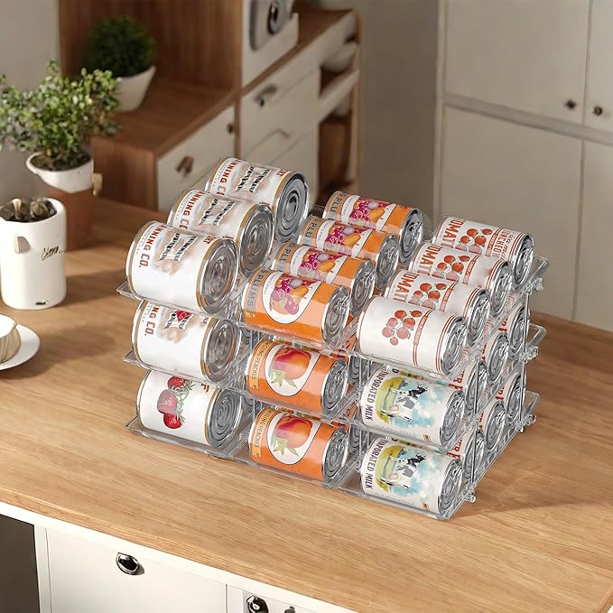 Can Organizer for Pantry, Stackable Food Pantry Storage Rack, 3 Tier | Automatic Rolling, Modular Storage, Clear Acrylic, Holds 36 Cans for Pantry, Cabinet & Fridge, Space Saving, Easy to Refill