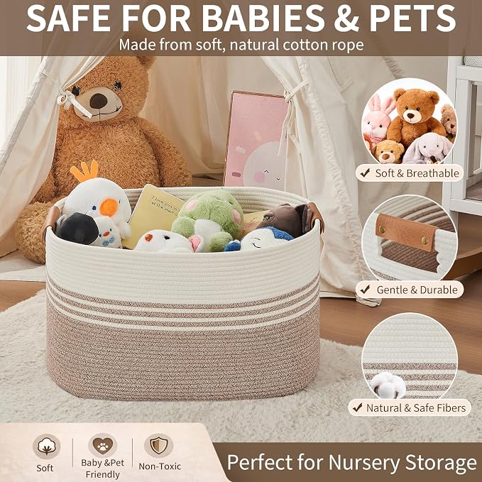 Laundry Hamper with Handles, 72L Rope Laundry Basket, Light Brown | Cotton rope clothes hamper with leather handles holds blankets, pillows, toys and laundry in nursery, bedroom or living room