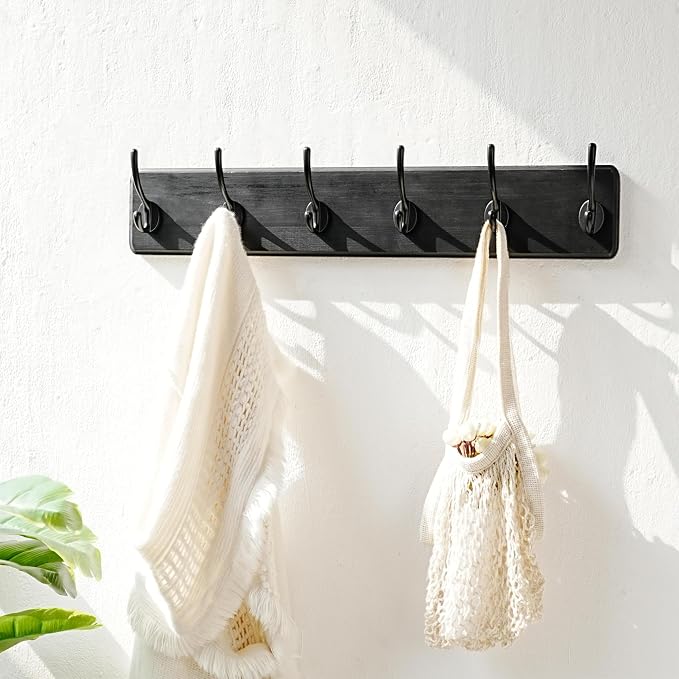 Coat Rack Wall: 24" Long, Patented, Heavy-Duty, 6-Double-Hooks Wooden Wall Mounted Coat Rack Coat Hanger Hook Rail for Winter Coats Hat Jacket Clothing, Black