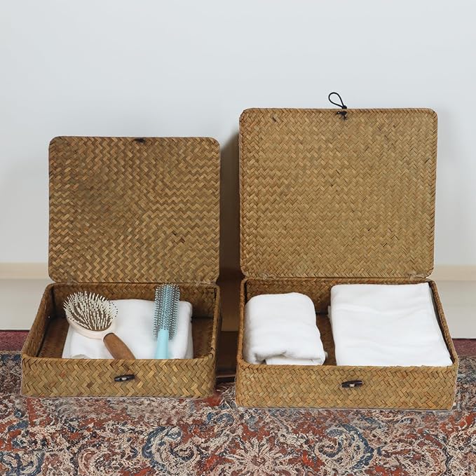 Flat Seagrass Wicker Baskets with Lids, Set of 2 | Small and Large Storage Boxes, Shelf Organizer Bins, Woven Home Storage, Stackable Flat Design, Natural Decor