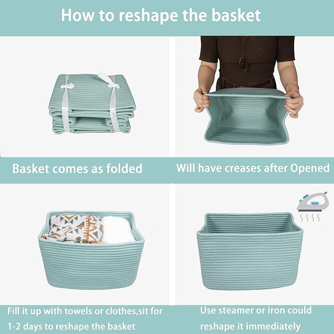 XUANGUO Woven Cotton Rope Storage Baskets 15x10x9.3" 3 Pack Green | Decorative rectangular storage baskets for shelves and closets; storage bins organize clothes, toys, books and nursery items.