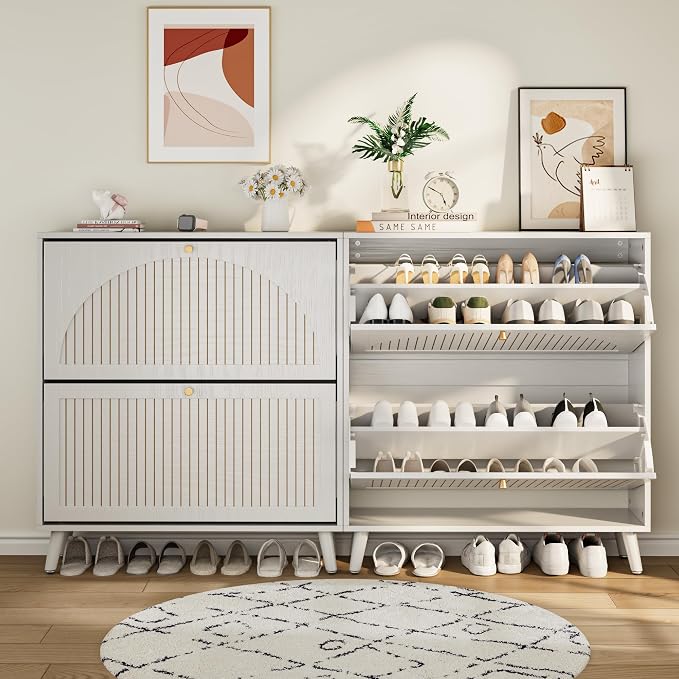 Fsbecl Shoe Storage Cabinet for Entryway with 2 Flip Drawers, Narrow Wood Shoe Cabinet with Fluted Panel, Freestanding Hidden Shoe Organizer for Hallway
