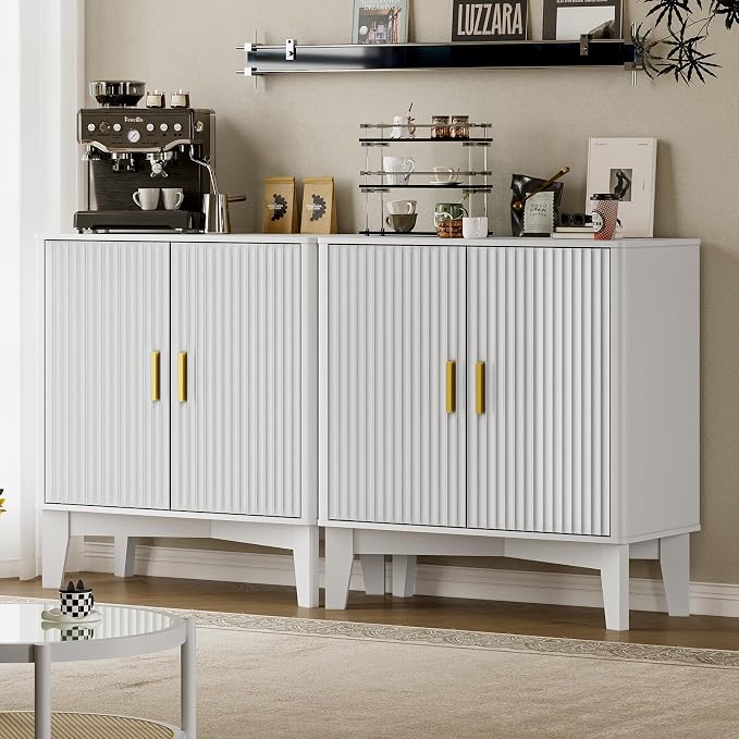 BORNOON Storage Cabinet with Doors and Adjustable Shelf, Modern Fluted Sideboard Buffet Cabinet, Freestanding Coffee Bar for Kitchen, Pantry, Entryway, Living Room (White)
