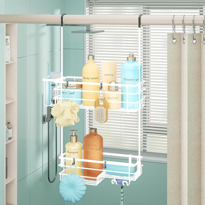 HapiRm Hanging Shower Caddy Organizer - No Drilling Shower Shelves with Hooks and Toothbrush Holder, Rustproof 304 Stainless Steel Bathroom Organizer - White