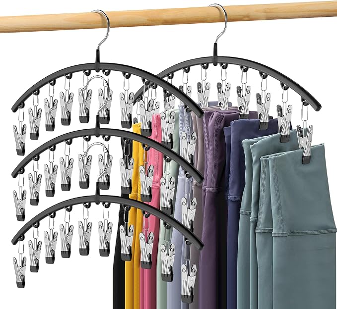 Legging Organizer for Closet, Metal Yoga Pants Hangers 4 Pack w/10 Clips Holds 40 Leggings, Space Saving Hanging Closet Organizer w/Rubber Coated Closet Organizers and Storage, Black