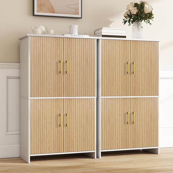 Bathroom Storage Cabinet, Floor Cabinet with 4 Fluted Doors and 2 Adjustable Shelves Wooden Tall Freestanding Organizers and Storage,White