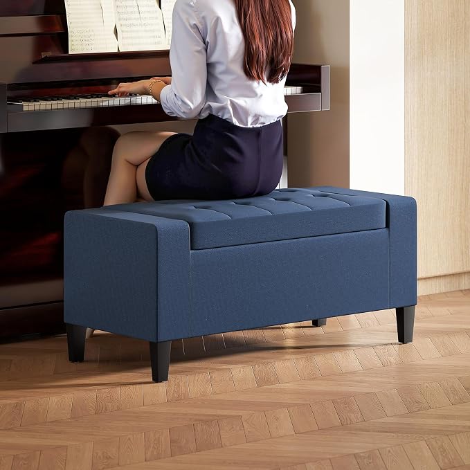 HOMCOM 36" Ottoman with Storage, Lift Top Rubberwood Legs 330 lb Dark Blue | Storage Ottoman Bench, Linen Upholstered Entryway Seat, Living Room, Bedroom