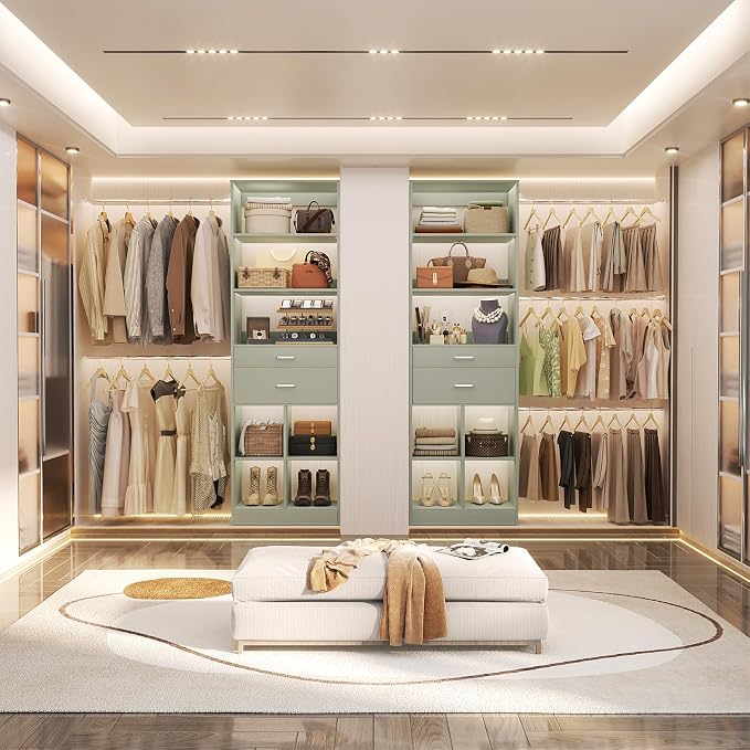 Besiost Closet System, 4-8 FT Closet Organizer Tower with 2 Wooden Drawers and 5 Hanging Rods, Can Fit 60 to 96 inch Walk-in Closet System, Crab Green