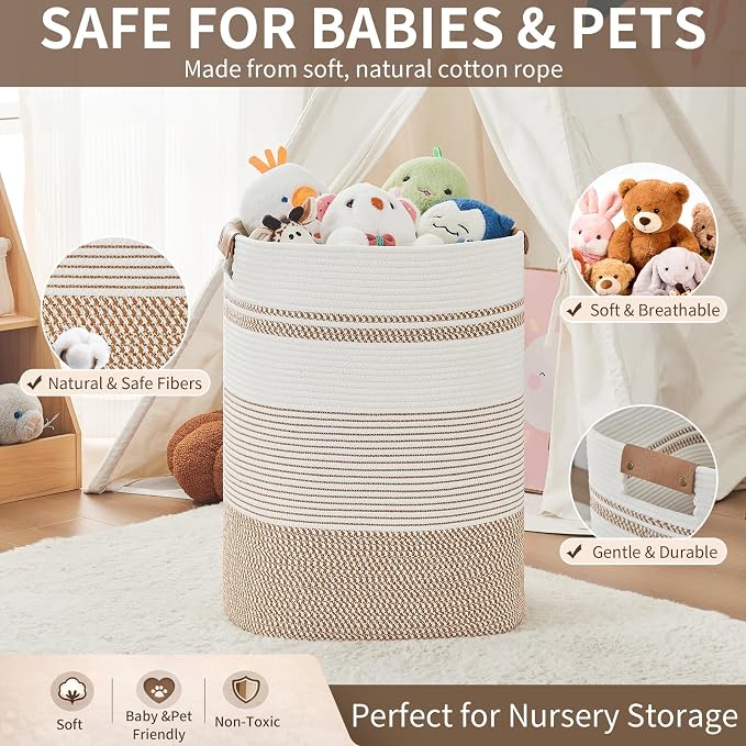 AINUOQI Laundry Basket with Handles - Blanket Basket & Hampers for Bedroom Aesthetic, Laundry Hamper & Blanket Storage for Living Room, Clothes Hamper, Tall, Large 17" x 14" x 22”, Brown & White