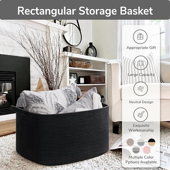 Goodpick Large Woven Blanket Storage Basket, Rectangle Storage, Black | 21.6 x 14.9 x 11.8 in, Reinforced Handles, Blankets, Toys & Pillows Storage, Living Room, Bedroom & Nursery Organization