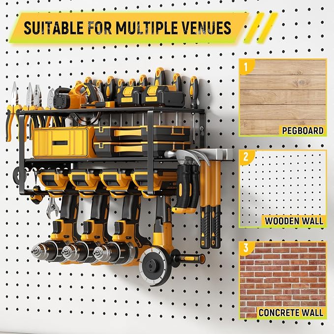 Hipidian Power Tool Organizer Wall Mount - Storage Rack with 4 Drill Holders for Drills Cordless Tools. Heavy Duty Iron Garage Tool Organizer Storage for Workshop Shed (4 Slots 3 Layers)