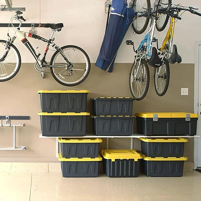 HOMZ Durabilt Plastic Storage Bins with Lids, 27 Gal, Black/Yellow, 2 Pack | Heavy-Duty Large Stackable Container Boxes for Home, Attic, and Garage Organization