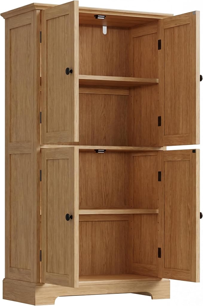 ChooChoo Bathroom Floor Cabinet with Adjustable Shelves | Bathroom Storage Cabinet, 4 Doors, Freestanding Cupboard for Living Room, Natural