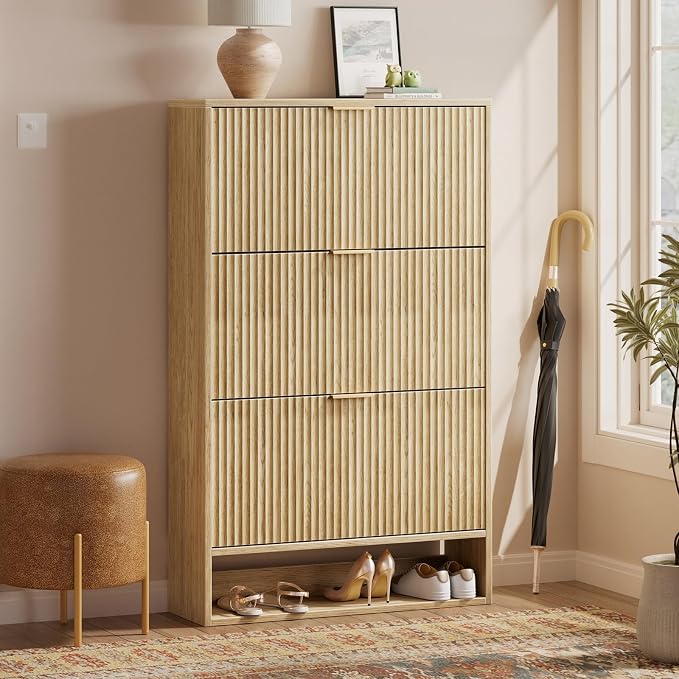 Evermagin 31.5''W Oak Shoe Cabinet Storage for Entryway, Fluted Slim Shoe Dresser with 3 Flip Drawers, Narrow Shoe Rack Cabinet, Hidden Shoe Organizer Cabinet for Entrance, Hallway