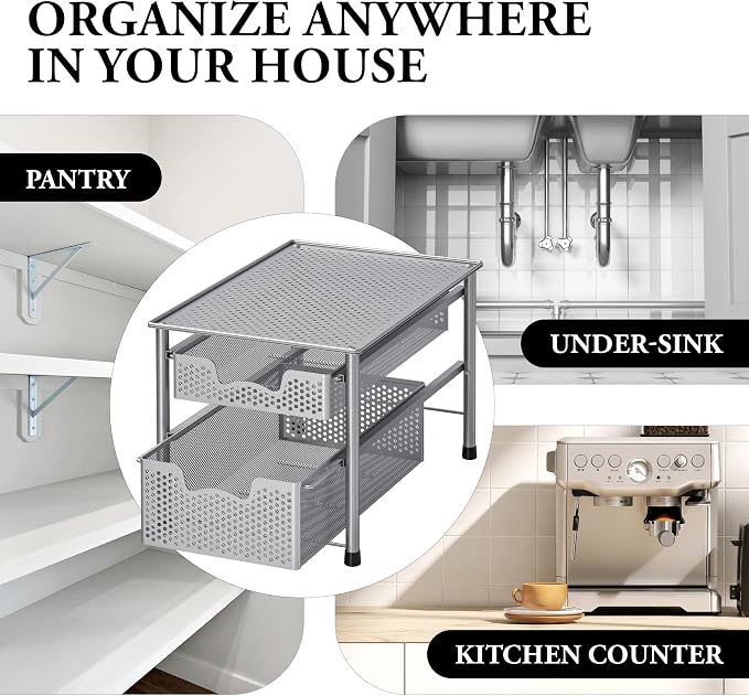Simple Houseware Stackable 2 Tier Sliding Basket Organizer Drawer, Silver