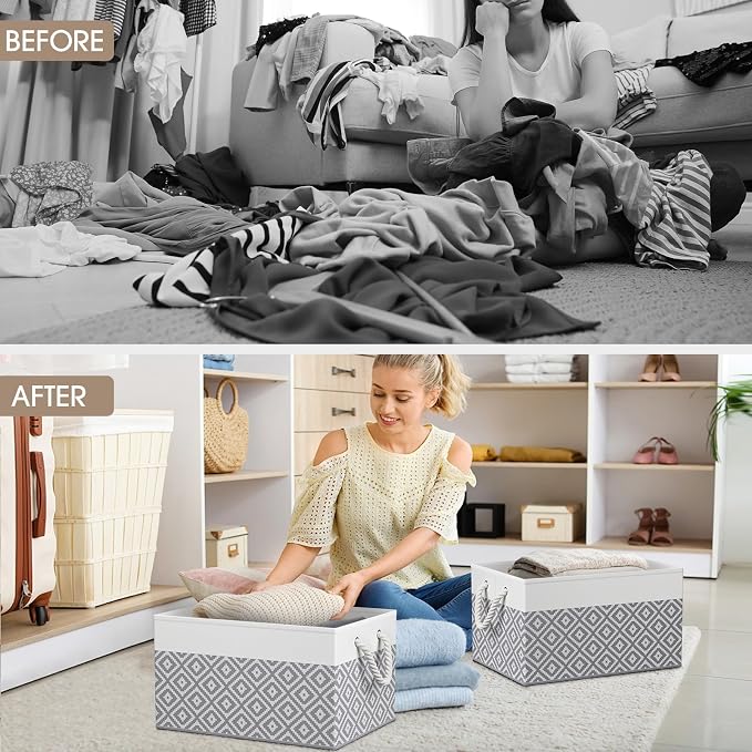 StorageTastic Storage Bins, 6-Pack Large Storage Box | with Rope Handles, Collapsible Storage Basket for Organizing Books,Clothes,Rhombic Grey