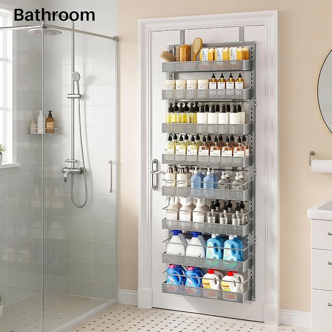 SNTD 8 Tiers Over the Door Organizer - Height Adjustable Pantry Organizers and Storage with Dense Mesh Baskets, Anti-Swing Hanging Door Spice Rack for Kitchen Bathroom (Grey, 17" W x 6" D x 69" H)