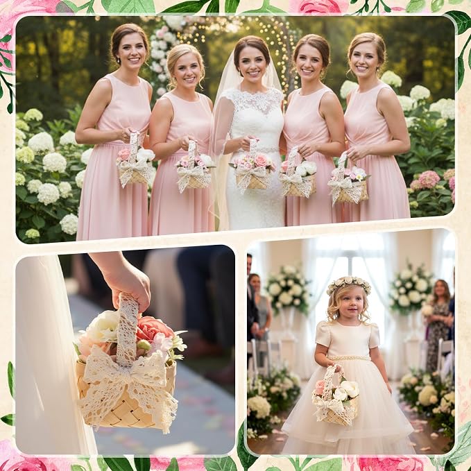 12 Pcs Mini Flower Girl Basket Mini Woven Baskets with Handles Wood Chip Flower Fruit Picnic Holder with White Lace Ribbon Chip Bucket for Wedding Party Gifts Baby Shower Birthday Decoration