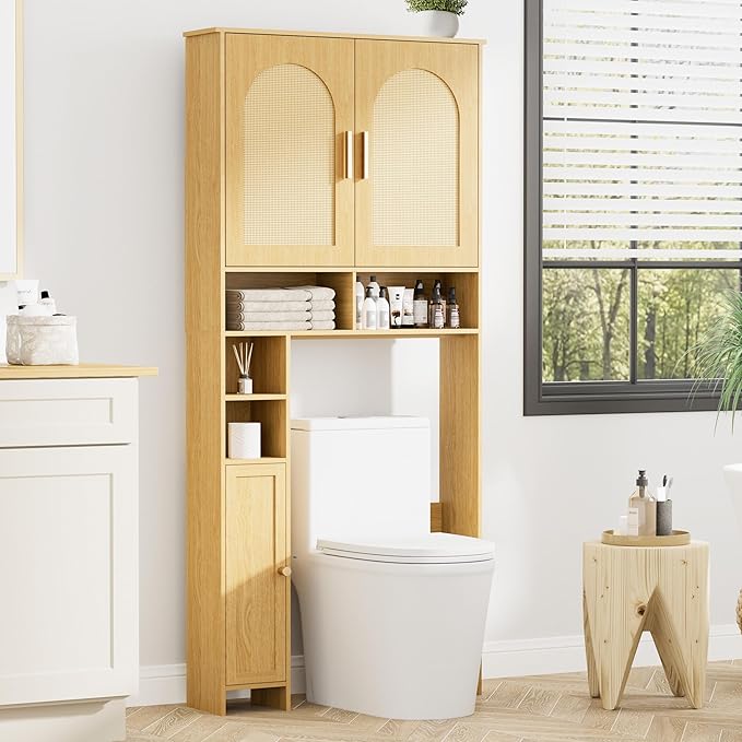 Homhedy Wooden Over The Toilet Storage Cabinet, Natural | Bathroom Organizer with Rattan Decorated Doors, Adjustable Shelves, Toilet Paper Holder, for Small Spaces