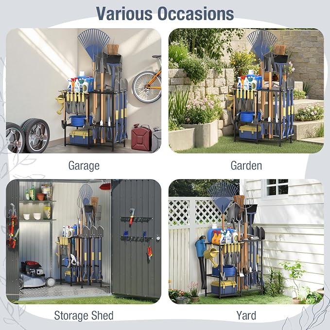 Garden Tool Organizer, Metal Yard Tool Organizer,Holds 70 Long-Handled Tools/Rakes/Brooms,Side Garden Pocket,Heavy Duty Steel Yard Tool Storage Rack for Garage,Shed, Outdoor(Black-Large)