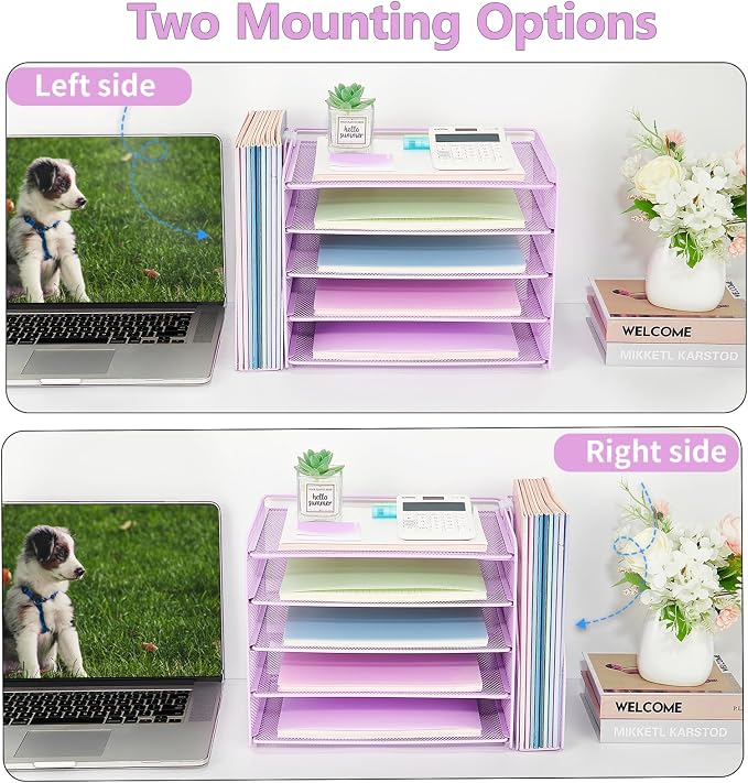 OPNICE Desk Organizer, 5-Tier Paper Organizer Letter Tray with Magazine Holder, Office Desk Accessories & Workspace Organizers, Desktop File Organizer for Office Supplies Storage, Purple