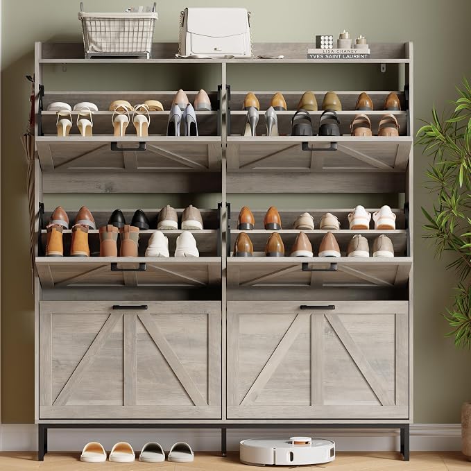 Shoe Cabinet with 6 Flip Drawers, Freestanding Hidden Shoe Storage Organizer for Entryway, Narrow Slim Shoe Rack Cabinet with Open Storage & Hooks for Front Door Entrance, Living Room, Hallway, Grey