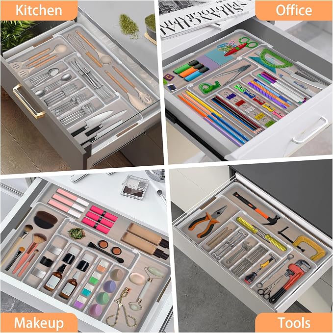 Large Silverware Drawer Organizer Expandable Kitchen Utensil Organizer BPA Free Flatware Cutlery Holder Tray Adjustable Plastic Drawer Divider Storage for Forks Knives 6-9 Slots White