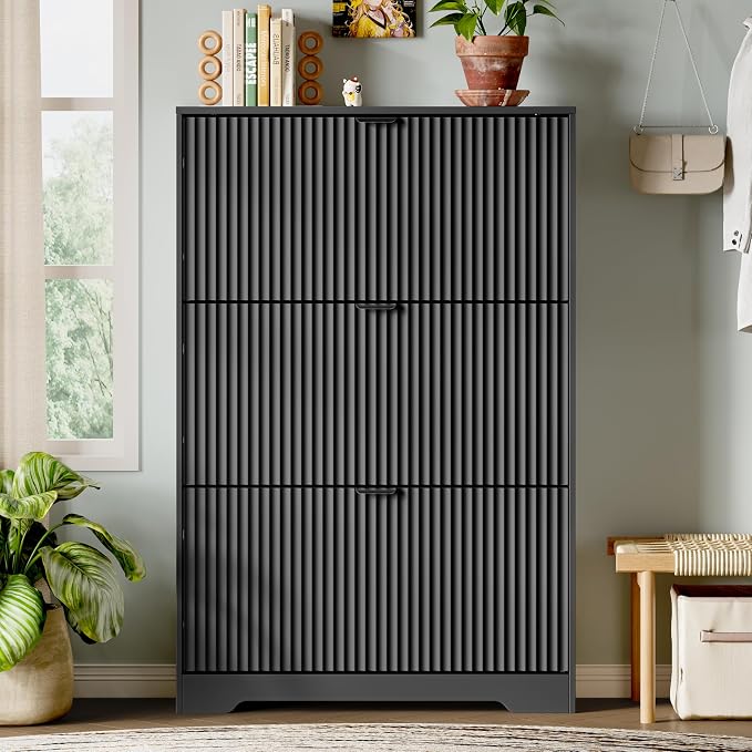Xixini Shoe Storage Cabinet for Entryway with 3 Flip Drawers, Hidden Slim Wood Shoe Organizer with Modern Fluted Panel, Freestanding Narrow Shoe Rack for Front Door Entrance, Hallway, Foyer, Black