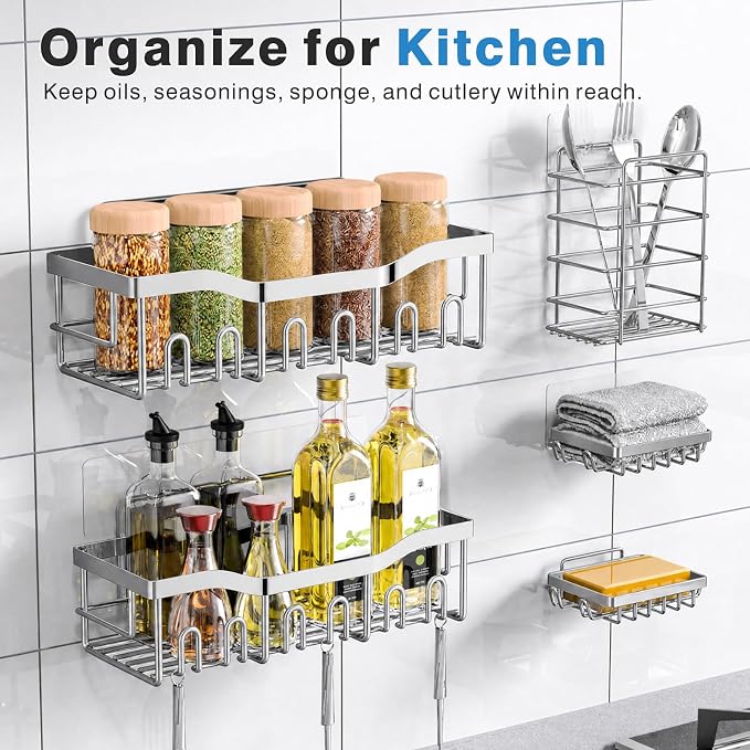 EUDELE 5-Pack Rustproof Stainless Steel Shower Caddy – No Drill Adhesive Bathroom Organizer with Large Capacity, Spacious Shower Shelves for Inside Shower, Kitchen & Home Decor Storage-XL Size