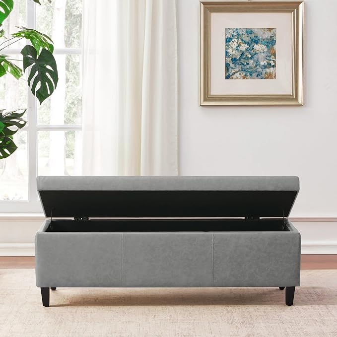 Storage Ottoman Bench 50.3" Faux Leather Upholstered End of Bed Bench, Grey | Hidden Storage Accent Ottoman for Living Room, Bedroom, Entryway, Wooden Legs, Safety Hinges, Load up to 300lb