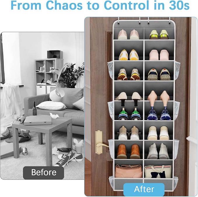 Yecaye 16-24 Pairs Over the Door Shoe Organizer, Large Capacity Hanging Shoe Rack for Door Hanger with Deep Pockets, 8 Tier Shoe Holder for Sneakers Boots Heels College Dorm Essentials, Grey