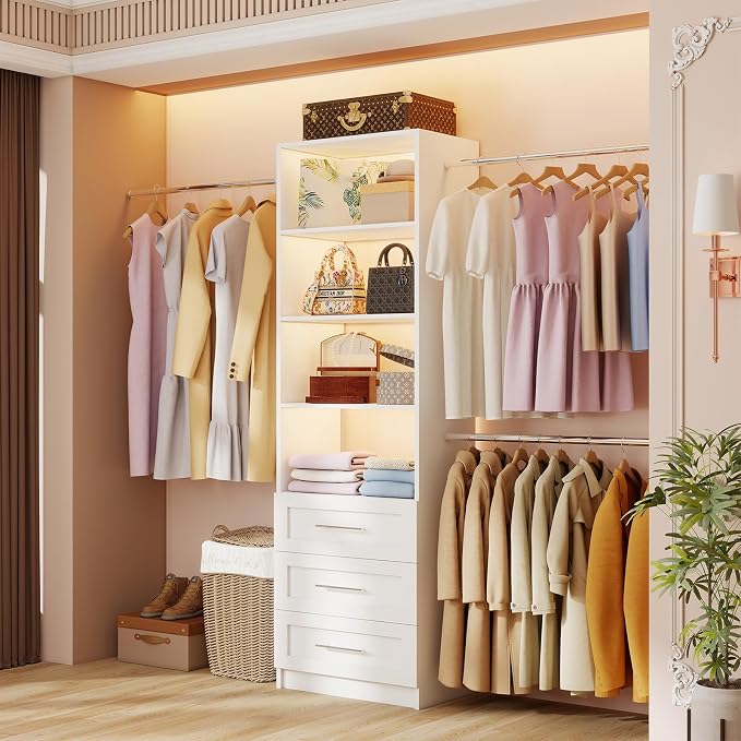 Closet System, 5FT-9FT Closet Organizer System with 4 Expandable Hanging Rods and Moveable Shelves, 115" Walk in Closet System with 3 Wooden Drawers, Custom Built in Closet, Wall Mount