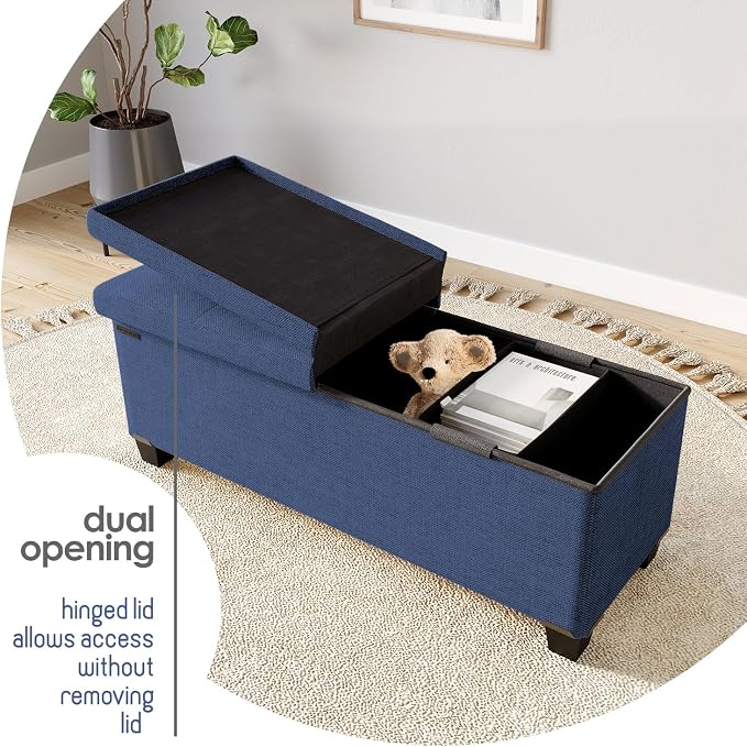 Storage Ottoman Bench with Bins, 43-in Storage Bench for Bedroom End of Bed, Folding Foot Rest Ottoman for Living Room Max 660lbs, Fabric Ottomans, Blue