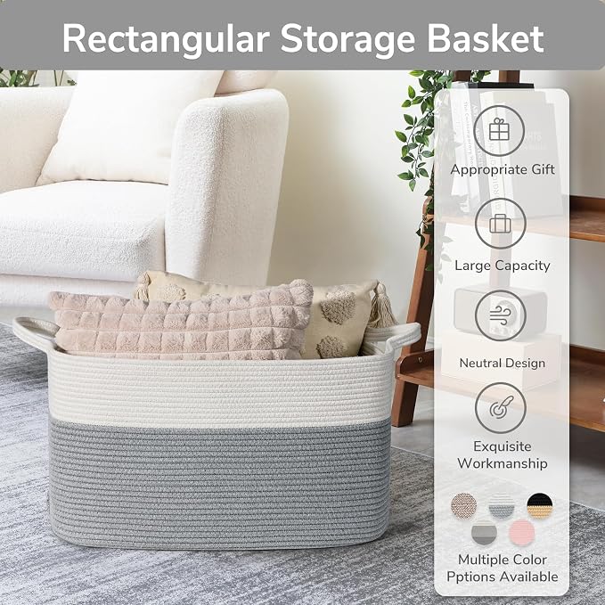 Goodpick Large Cotton Rope Toy Storage Basket, Rectangle, White Gray | 21.6 x 14.9 x 11.8 in, Reinforced Handles, Living Room, Nursery & Bedroom Organization, Toys, Blankets & Clothes Storage