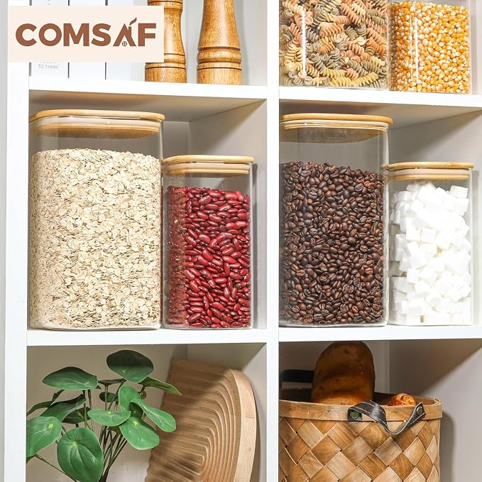 ComSaf Glass Storage Jars with Bamboo Lids 4.6 Qt 2 Pack Large Wide Mouth | Pantry organization, Flour Sugar Coffee Beans, Pasta Cereal Dry Food, 1.2 Gallon, Cabinet Organization, Dry Food Storage