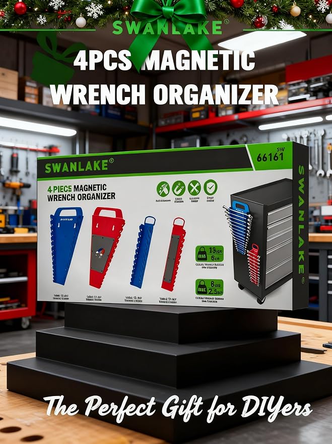 SWANLAKE 4-Pack Magnetic Wrench Organizer Toolbox Holder, 2PCS 15-Slot and 2PCS 12-Slot Wrench Organizers, SAE & Metric Ratchet Holders for Tool Box