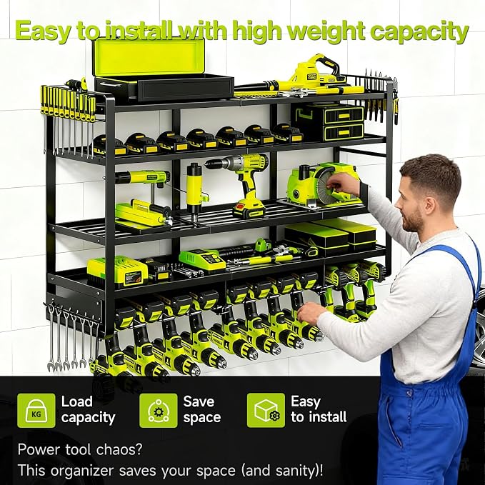 49" Heavy Duty Wall Mount Power Tool Organizer, 4-Tier Storage Rack with 12 Drill Holders & Battery Shelves, 600LBS Capacity for Garage Workshop