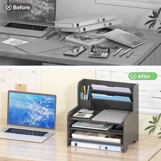 Bamboo File Organizer for Desk, Paper Tray with Pen Holder | Open tiers and a pen holder sort Letter/A4 paper, folders and office supplies while keeping your workspace clutter-free