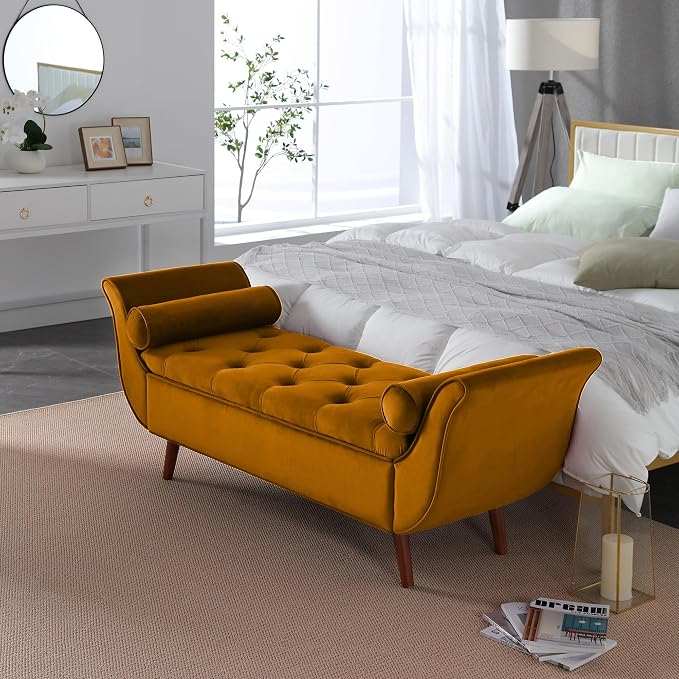Storage Bench for Bedroom End of Bed, Velvet Upholstered Rolled Armed Button Tufted Sofa Stool Bench, Storage Ottoman Couch Long Bench with Solid Wood Legs (Brown)