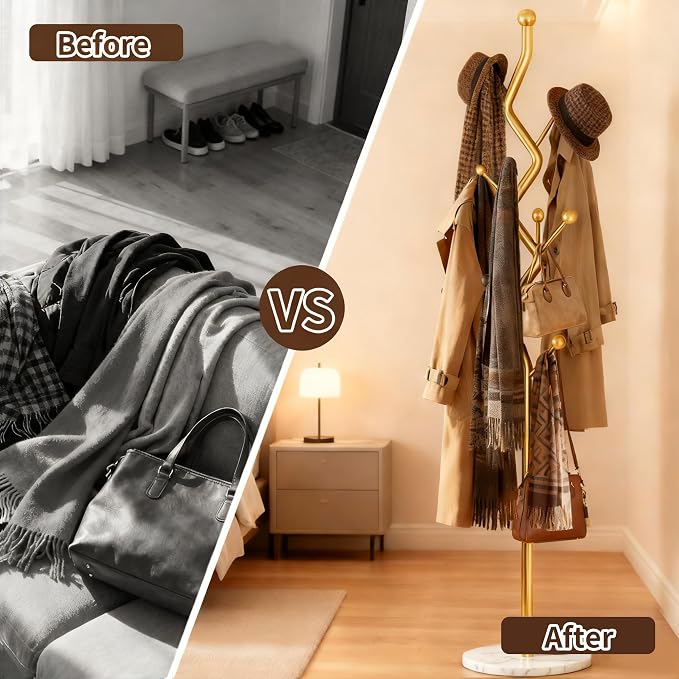 68.9 Inch Tall Modern Coat Rack,Gold Freestanding Coat Rack Tree,Heavy-Duty Metal Coat Rack Freestanding with Sturdy Marble Base for Entryway,Hallway,Bedroom,Holds Coats Hats Bags Scarves