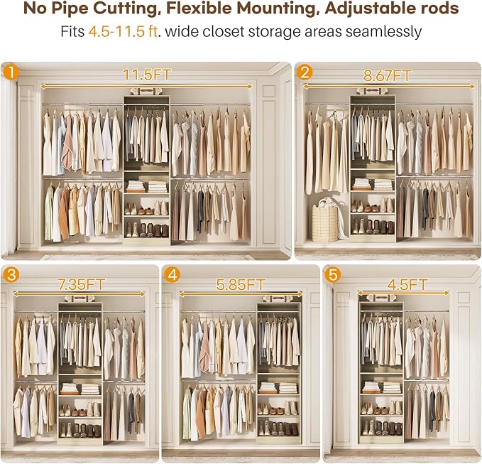 Closet System, 4.5-11.5 Ft Expandable Closet Organizer, Light Oak | 5 Hanging Rods, Walk-in Wood Closet Organizer System with Storage Tower, Heavy Duty Garment Rack Wardrobe for Bedroom