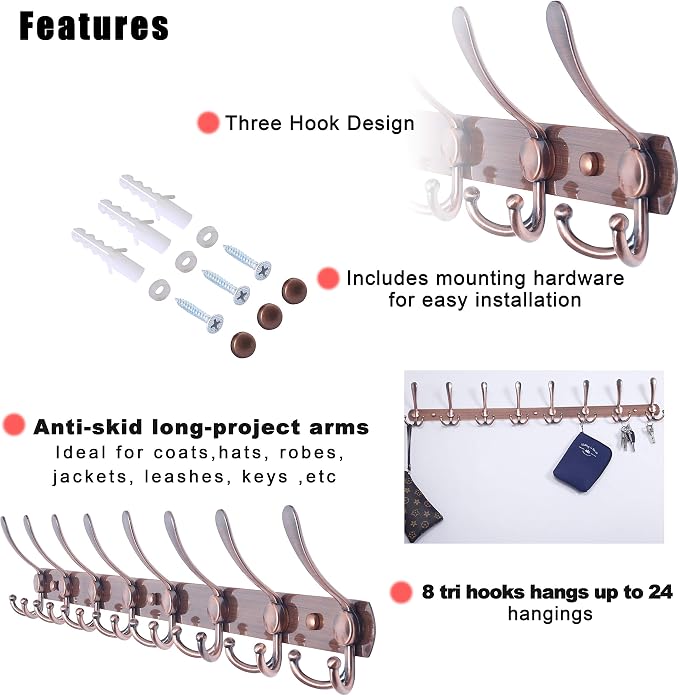 Dseap Coat Rack Wall Mount - 29.5” Long 8-Tri-Hooks Heavy Duty Coat Hanger Rail Wall Hooks for Hanging Coats Hats Clothing Clothes Purse Mudroom Entryway, Red Antique Copper