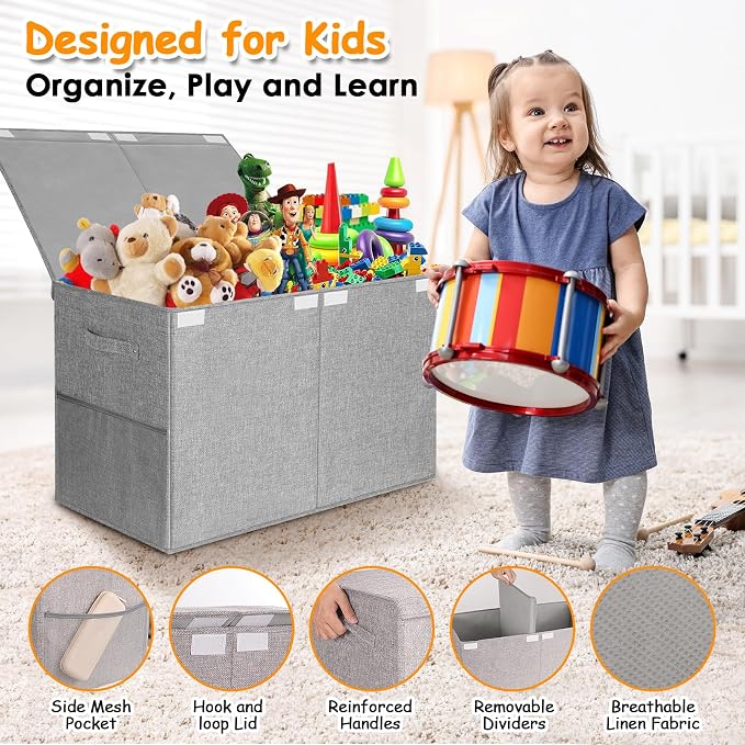 Large Toy Storage Box with Lid Upgraded Toy Chest Organizer with Removable PP Divider Foldable Toy Bin for Kids Boys Girls Linen Fabric Toy Box for Playroom Nursery Bedroom (25"x13"x16")