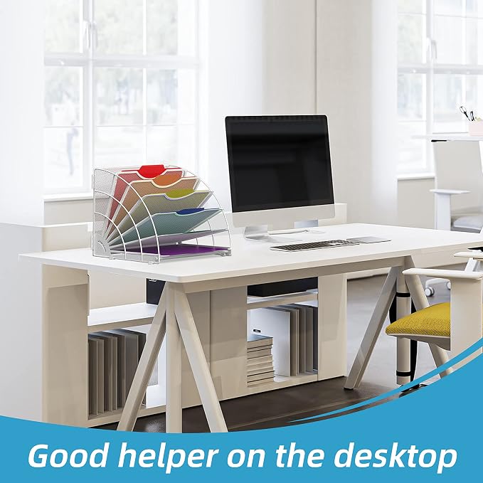 Fan Shaped Desk File Organizer, Paper File Holder for Desk, White | Metal mesh frame, tiered open design for easy access, organizes papers, folders and books for offices, schools and classrooms