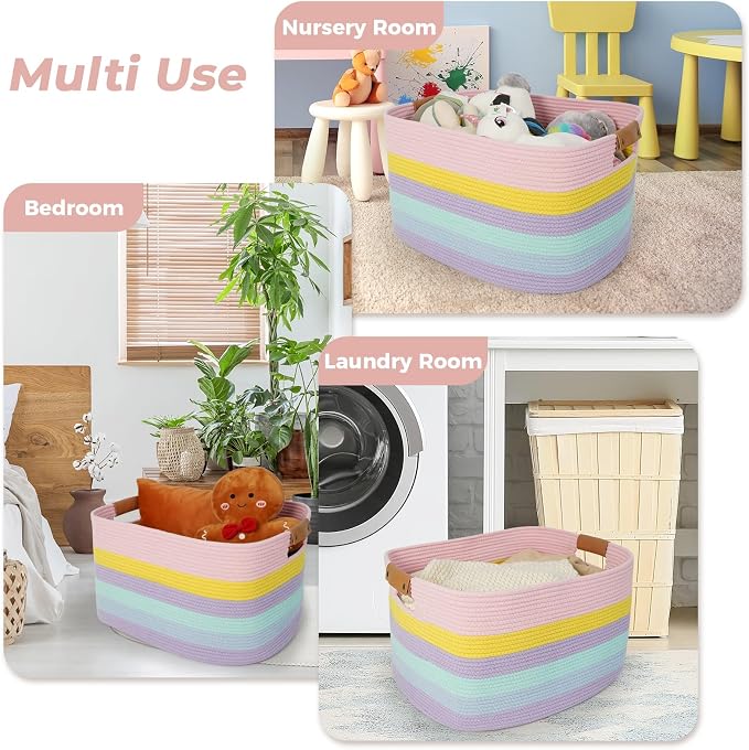 danpinera Large Laundry Basket, 108L Rectangle Woven Baskets for Storage for Living Room, Laundry, Nursery, Pillows, Baby Toy chest, Blanket Storage with Leather Handle, 25’’*16’’*16’’ Rainbow