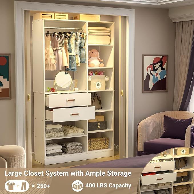 Freestanding Closet System, 40 Inches Stand-Alone Wardrobe with 10 Shelves, 80'' Height Adjustable Cloth Garment Rack with 2 Wood Drawers, Wood Walk-in Closet with Hanging Rod, White