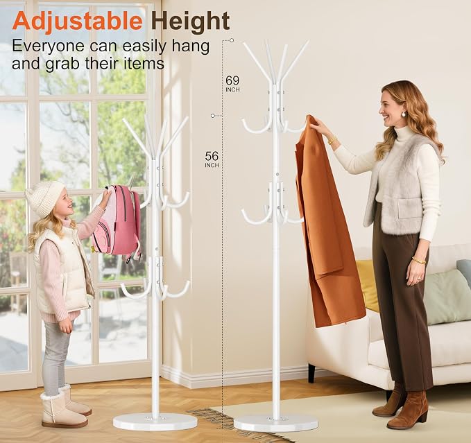 MISSLO Heavy Duty Coat Rack Freestanding with Stable Wood Base Modern Coat Tree with 12 Hooks Adjustable Coats Hanger Stand Stylish Standing Clothes Tree for Entryway Bedroom Corner Hall (White)